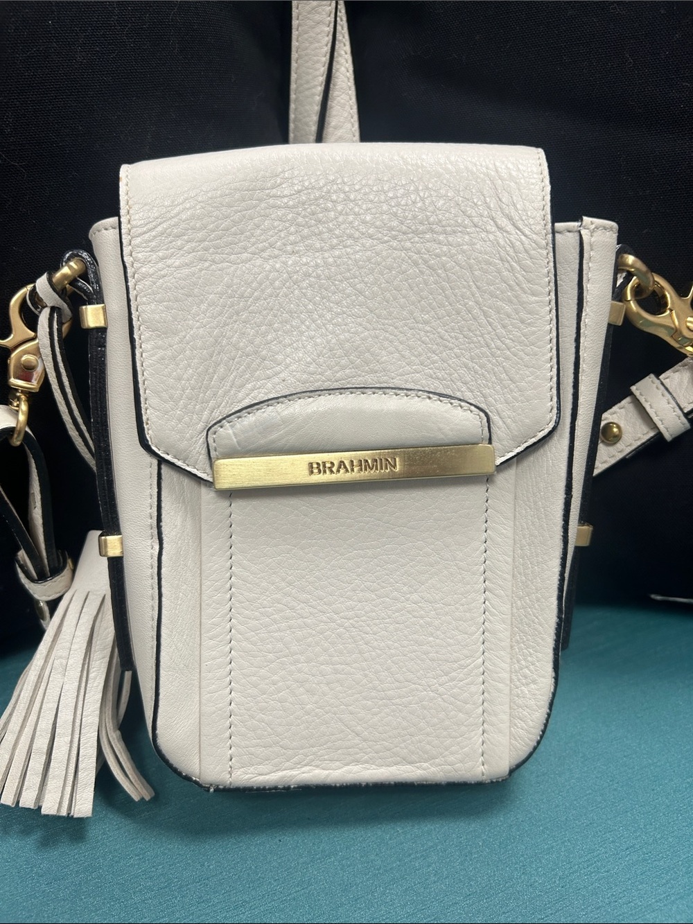 Brahmin White/cream Leather Crossbody Phone Pouch with Gold Accent